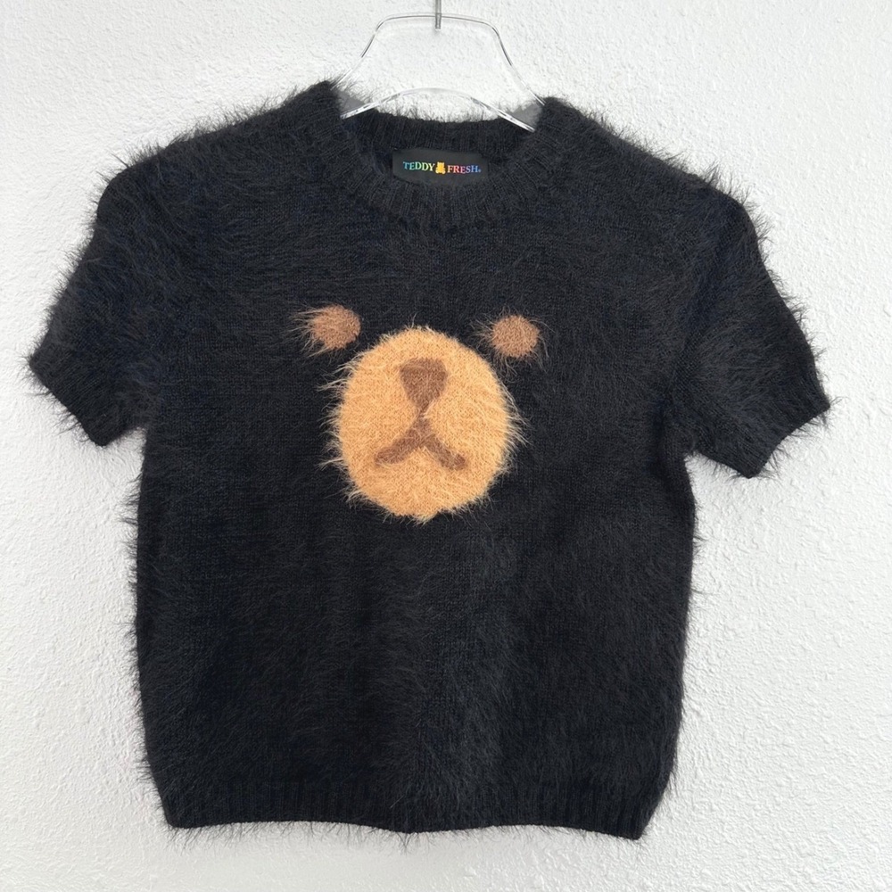 Teddy Fresh Fluffy Bear Sweater Women Small Black Fuzzy Short Sleeve Kidcore